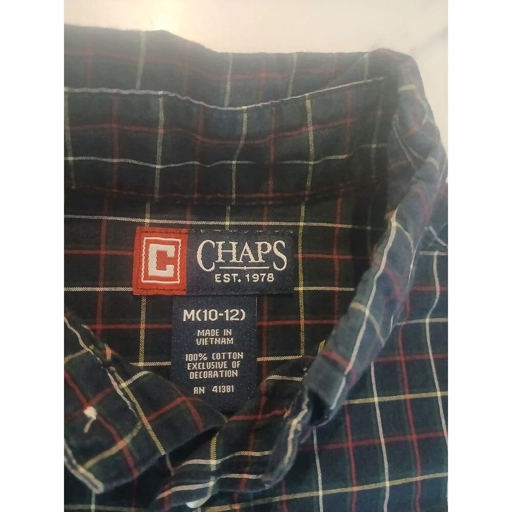 Chaps Button Down Shirt Boys Medium 10-12 Red Navy Plaid Cotton Long Sleeve
